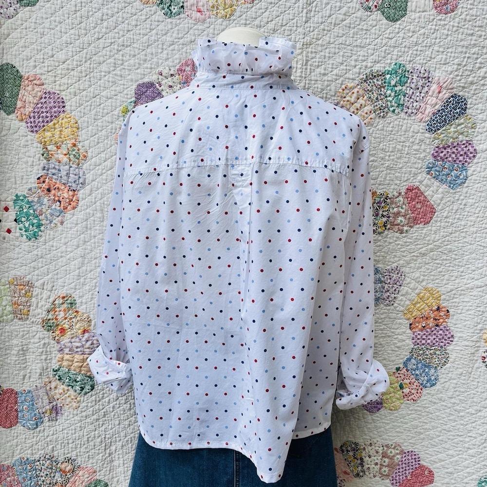 Upcycled Reworked Talbots White w/ Red & Blue Polka Dot Ruffle Collar Shirt 3XL - Picture 4 of 9